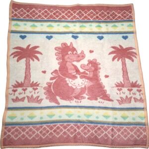 VTG Baby Mink Pink Dragon Dinosaur Soft Acrylic Blanket Mommy Heart Palm Tree